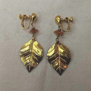 Vintage Yamada Gold Leaf Orange Bead Dangle Earrings Drop Clip on Screw Back